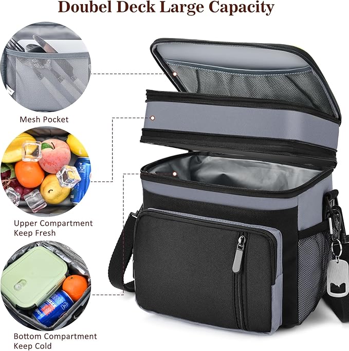 Insulated Lunch Bag Women & Men | Large Adult Lunch Box | Double-Layer Reusable Lunch Bags | Leak-Proof Tote Cooler Bag for Work Picnic Outdoors | 16L, Gray