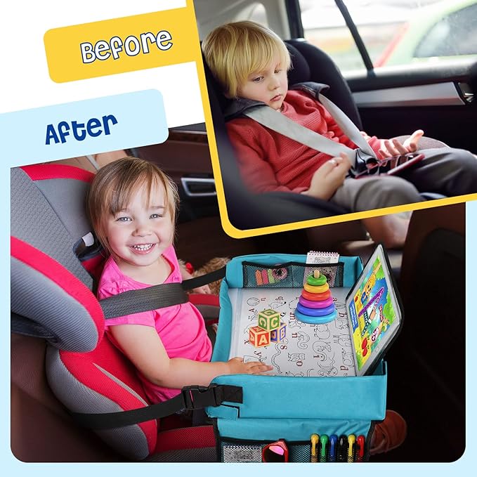 BUENAVO [New Version] Car Seat Organizer Kids Travel Tray for Kids Toddlers Activities in Car Seat, Stroller, Airplane | Waterproof Dry Erase Top | Side Pocket & Water Bottle Holder