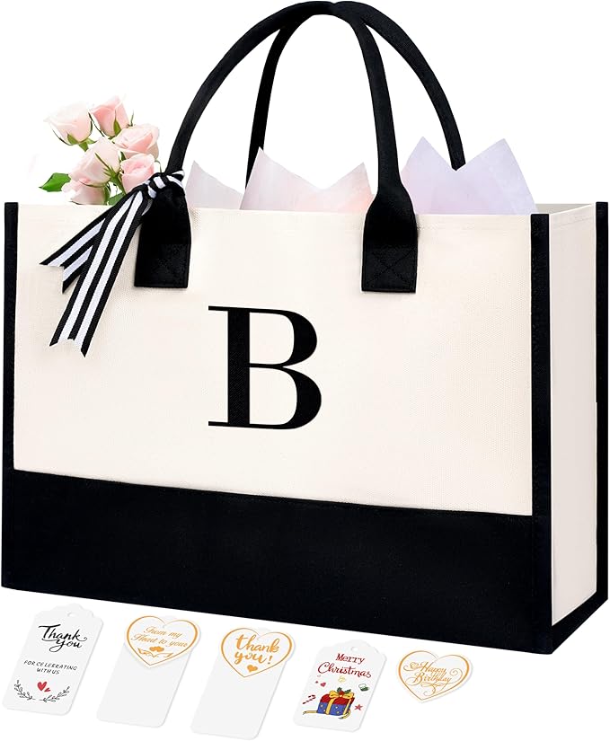 BAGAIL Initial Tote Bag, Personalized Birthday Gifts for Women, Teacher, Friends, Mom, Wedding, Monogrammed Beach Bag