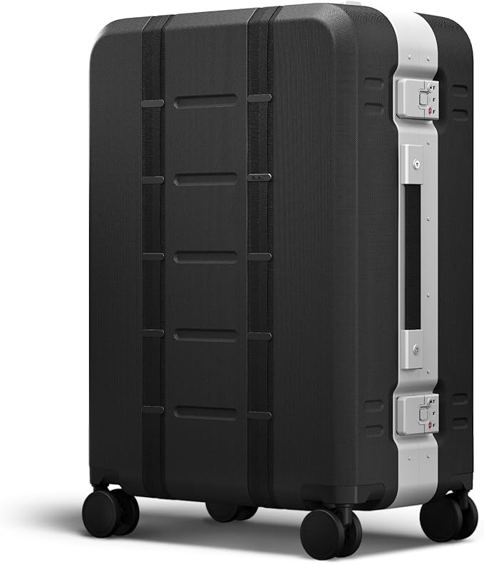 D_b_ Ramverk Pro Medium Check-In 25 Inch Hardside Luggage Extra Protection Aluminum Frame, Silent 360 Spinner Wheels, TSA Lock, Interior Laptop Compartment - Silver Frame/Black