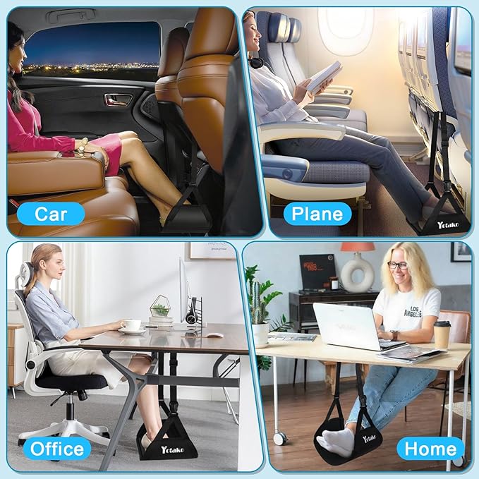 Yotako Airplane Foot Hammock-Removable Wide Bamboo Airplane Foot Rest with Extended Adjustment Strap, Desk Foot Hammock to Relax Your Feet Foot Sling Travel Essentials with Storage Pouch, Black