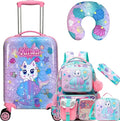 Cute Cat Kid’s Luggage Set 5 Piece Suitcase Set 16’’ Hardside Luggage with Spinner Wheels Girls Boys Carry on Toddler Luggage Travel Rolling Luggage Airline Approved
