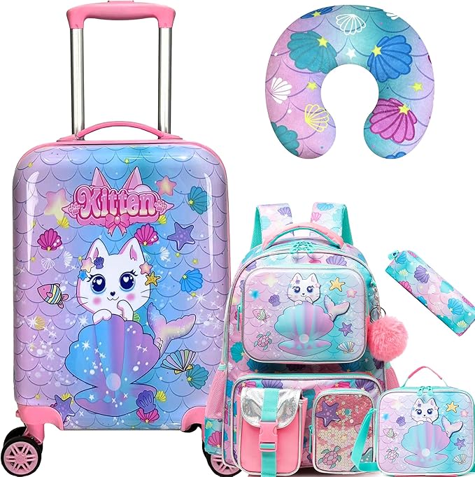 Cute Cat Kid’s Luggage Set 5 Piece Suitcase Set 16’’ Hardside Luggage with Spinner Wheels Girls Boys Carry on Toddler Luggage Travel Rolling Luggage Airline Approved