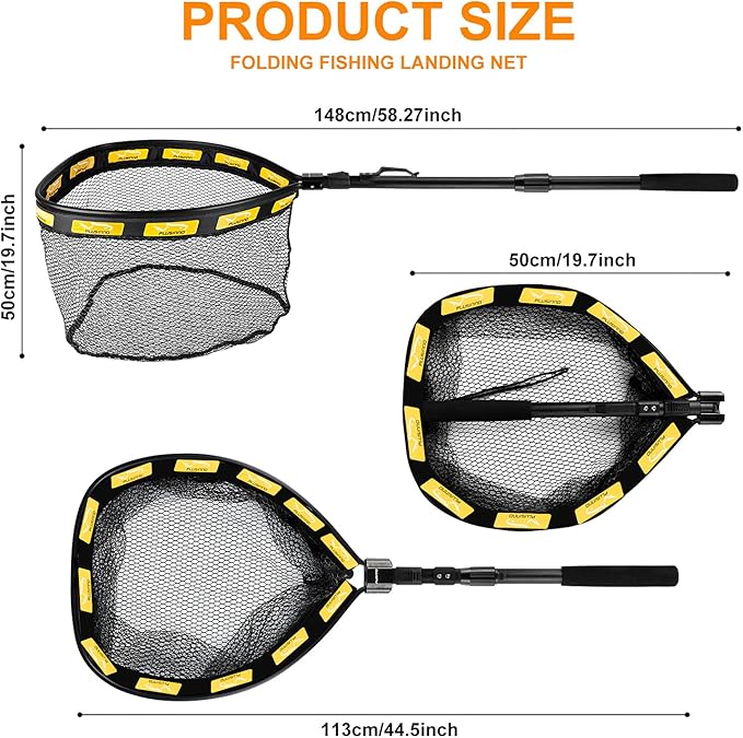 PLUSINNO Floating Fishing Net for Steelhead, Salmon, Fly, Kayak, Bass, Trout Fishing, Catfish, Rubber Coated Landing Net for Easy Catch & Release for Easy Transportation & Storage