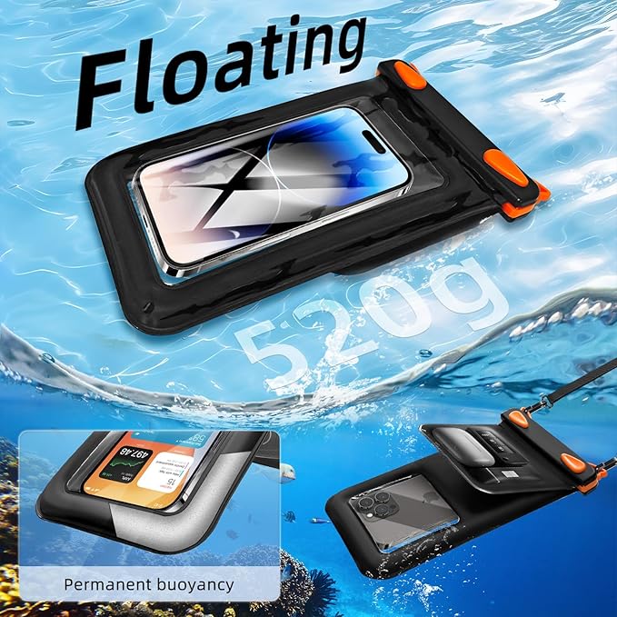 Waterproof Phone Pouch Double Pocket, Floating IPX8 8.5 inch Waterproof Phone Case for Beach Vacation Essentials for Compatible IPhone16 15 14 Pro Max Galaxy S25 S24 Ultra Phone Pouch Orange