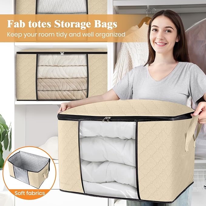 Fab totes 24 Gallons Clothes Storage, Foldable Thick Fabric Blanket Storage Bags, Containers for Organizing Bedroom, Closet, Clothing, Comforter, Organization with Handle (4 Pack,Beige)