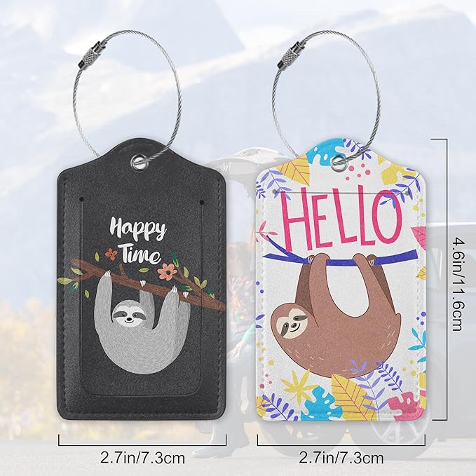 Set of 2 Funny Sloth,Happy Time Cartoon Animal Luggage Tags for Suitcases, Cute Sloth, Colorful Tropical Leaves Leather Suitcase Tag Name Identifiers Labels for Travel Bag Baggage Backpack