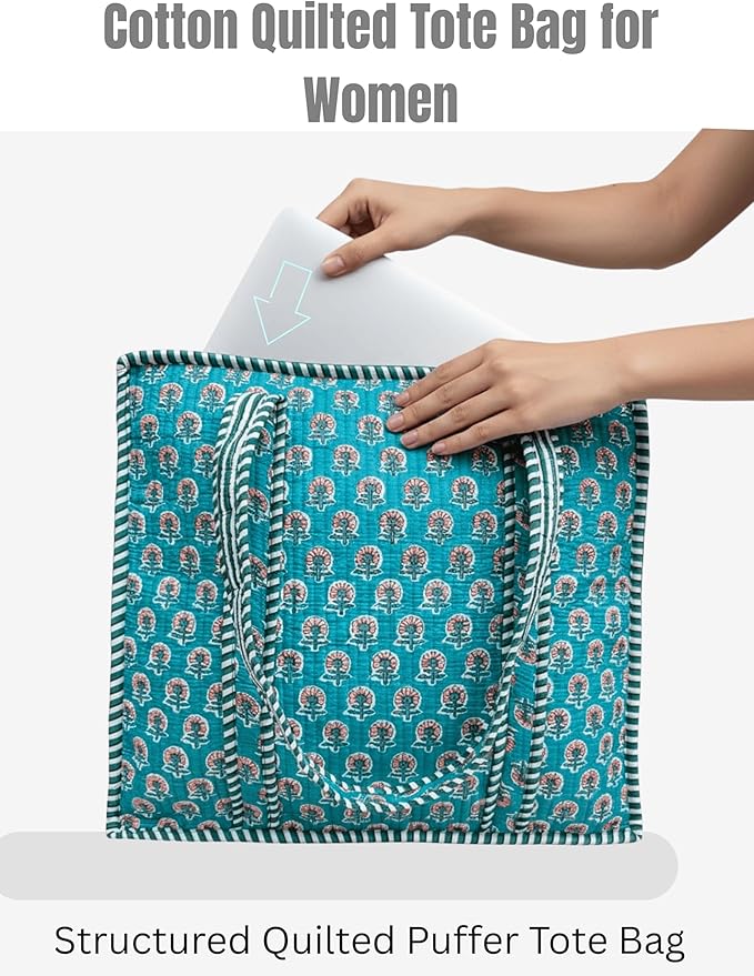 Cotton Quilted Tote Bag for Women – Large Beach & Travel Tote with Zipper, Reusable Grocery Bag
