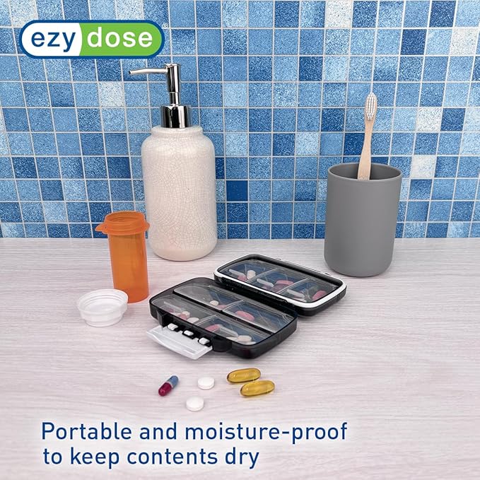 EZY DOSE Moisture-Proof Portable Pill Dispenser, Pocket Purse Organizer, Pharmacy Box, Travel Medication Holder, Latch-Closure to Secure Contents, Oversized Compartments, Airtight Seal, Medium, Black