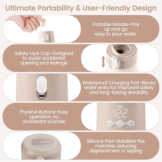 Portable Bottle Warmer for Travel, 12 Oz Milk Warmer for Breastmilk Formula Water, Fast Heating & 5-Level Temperature Control, USB Rechargeable & Long Battery Life for Car Airplane On The Go