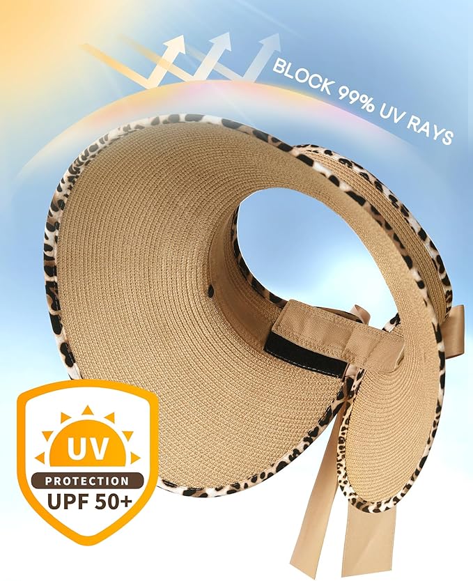Camptrace Sun Visors for Women Wide Brim Beach Hat Foldable Straw Visor Hat Ponytail Summer Packable UPF 50+