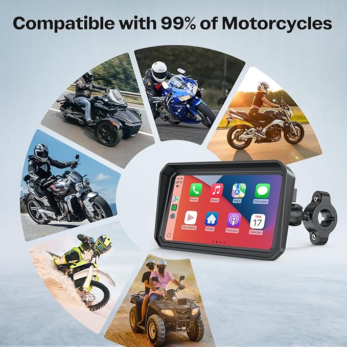 WonVon 6.25 Inch Wireless Motorcycle Carplay GPS Navigation System with Apple Carplay and Android Auto Portable Screen with Dual Bluetooth, Navigation, Siri, Google Assistant