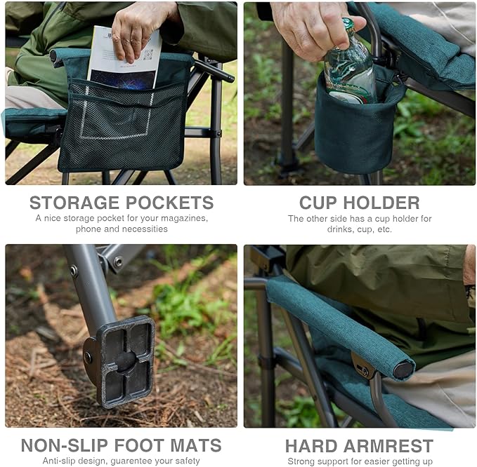 EVER ADVANCED Padded Oversized Folding Camping Chair for Adults, Heavy Duty Lawn Chair with Side Pockets, Portable Collapsible Quad Chair for Outside, Support Up to 500lbs, Green