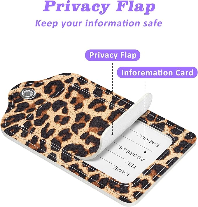 Set of 2 Luggage Tags Brown Leopard Texture Leather Suitcases Tag with Privacy Cover Stainless Steel Loop and Address Card for Women Men Travel