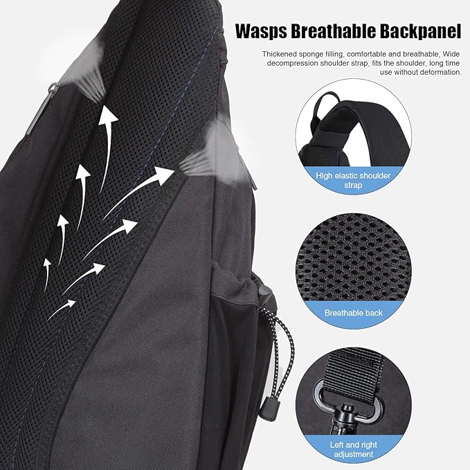 mixi Sling Bag Men Backpack Unisex One Shoulder Bag Hiking Travel Backpack Crossbody with USB Port for Men Women Versatile Casual Daypack-17 inch,Black