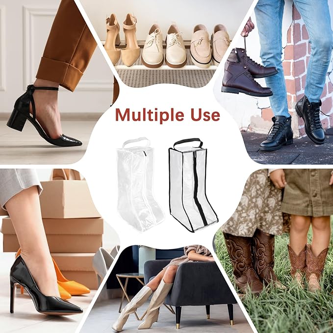 Boot Storage Bags [2PCS] - Plastic Tall Boot Carry Bags Clear Shoe Bags with Handle for Travel & Daily Use - [White, Black] Waterproof & DustProof Boot Bags for Cowboy Boots