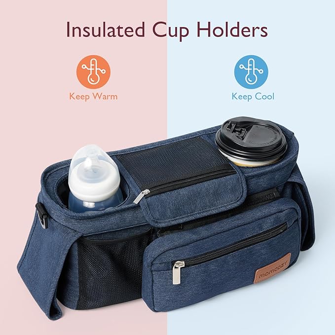 Momcozy Universal Baby Stroller Organizer, 2 Insulated Cup Holder, Detachable Zippered Pocket, Adjustable Shoulder Strap, Large capacity for baby essentials, Compact Design Fits Any Strollers