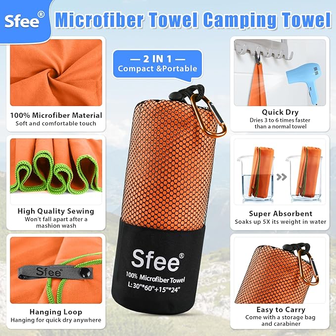 Sfee 2 Pack Microfiber Travel Towel, Quick Dry Camping Towel Large Beach Towel Super Absorbent Compact Lightweight Sports Gym Towels for Beach, Gym, Hiking, Pool, Backpacking, Bath, Yoga