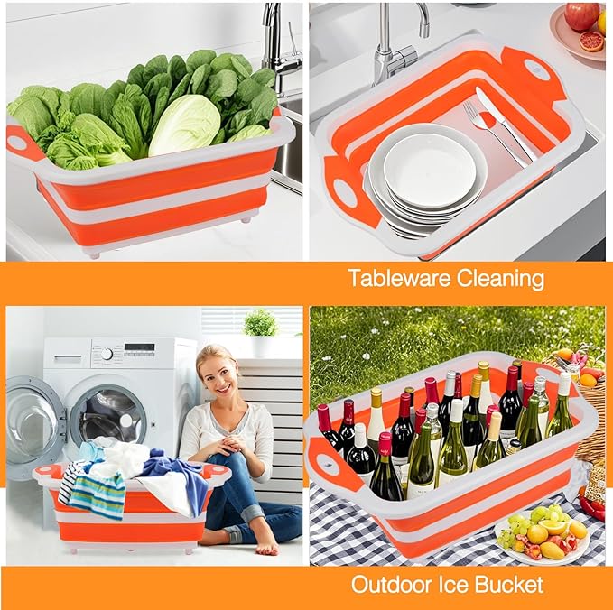 Collapsible BBQ Prep Tub/Cutting Board 10L, Foldable Dish Tub with Colander, Portable Camping Sink, Multifunction Dishing Basin Bucket Wash Tub for Kitchen Fruit Vegetable Picnic (Orange)