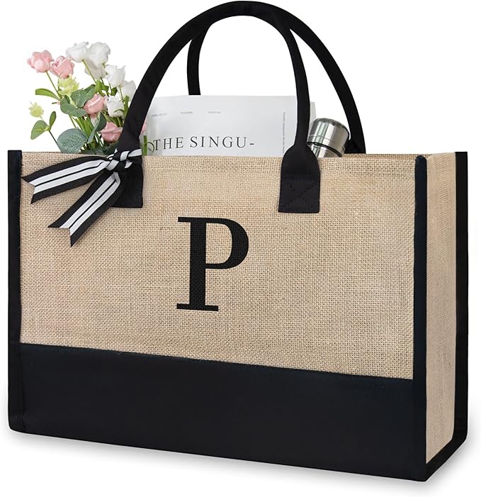TOPDesign Initial Jute/Canvas Tote Bag, Personalized Present Bag, Suitable for Wedding, Birthday, Beach, Holiday, is a Great Gift for Women, Mom, Teachers, Friends, Bridesmaids (Letter P)
