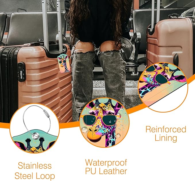 Luggage Tags for Suitcase Funny Giraffe Sunglasses 2 PCS Leather Travel Luggage Tag with Stainless Steel Loop Name ID Label Privacy Cover for Women Men Travel