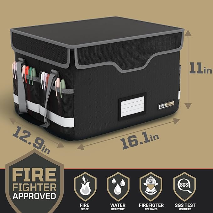 FIRESHIELD PRO Fireproof Document Box with Lock – Portable File Organizer for Hanging Letter/Legal Folders – Water Resistant, Safe Storage for Home, Office or Travel – Size: 16.1" x 12.9" x 11"