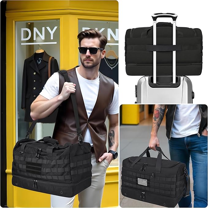MOZETO Mens Travel Duffel Bag with Compartments, Tactical Inspired GYM Work Police Duty Law Enforcement Carry-on Bag with YKK Zippers Anti-Theft RFID Blocking Wet-Dry Separated Compartment