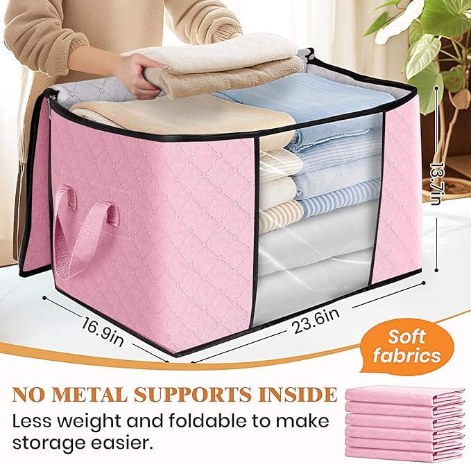 Fab totes 24 Gallons Clothes Storage, Foldable Thick Fabric Blanket Storage Bags, Containers for Organizing Bedroom, Closet, Clothing, Comforter, Organization with Handle (3 Pack,Pink)