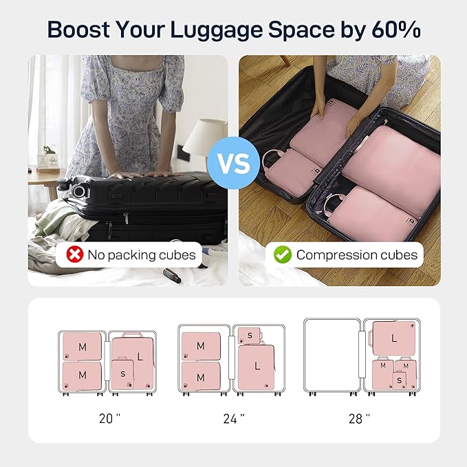 EPICKA 4 Set Ultra-Lightweight Compression Packing Cubes - Water Resistant Durable Travel Organizers Bags for Women, Expandable Travel Accessories for Carry on, Luggage, Suitcase, Backpack (Pink)