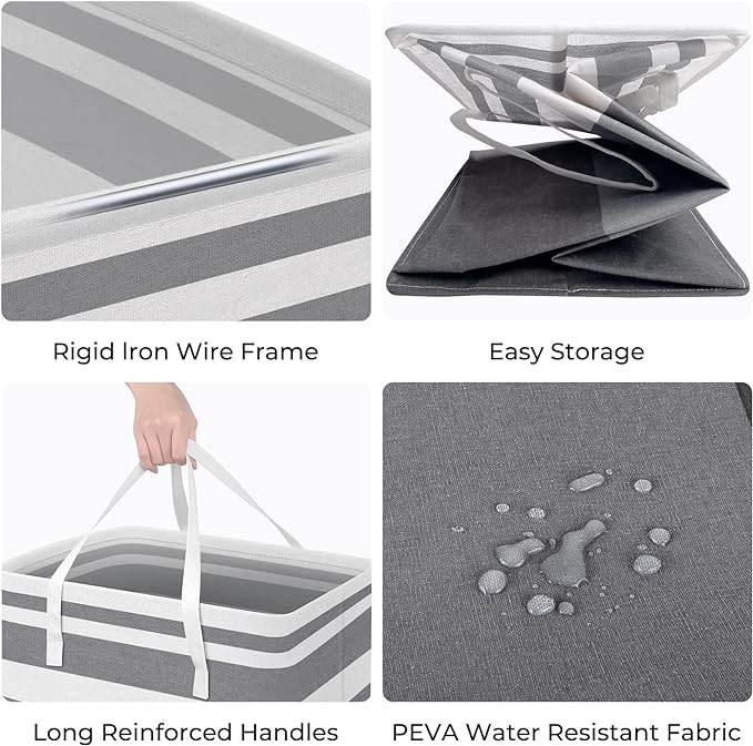 HomeHacks 2 Pack Large Laundry Baskets, Waterproof, Freestanding Laundry Hampers, Collapsible Clothes Hamper with Reinforced Handles in Laundry, College Dorm, Bathroom, Bedroom (Grey+Blue, 88Lx2)