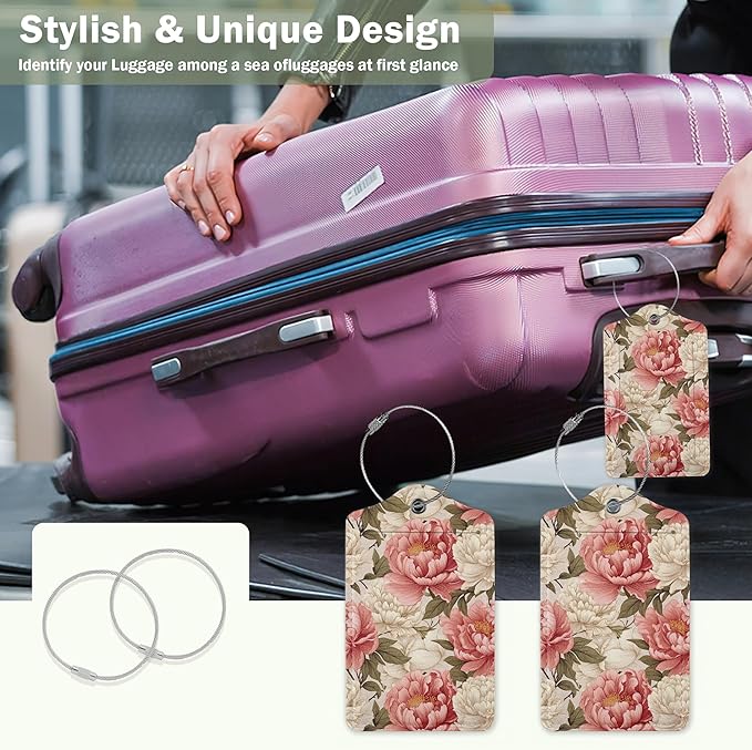 2 Pcs Peony Pink Flowers Retro Luggage Tags,Cruise Luggage Tag with Privacy Flap,Name Id Label and Steel Loop for Women Men Travel Bag Suitcase