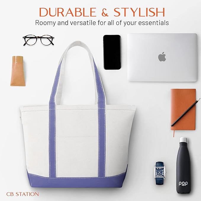 CB STATION Medium Classic Canvas Tote Bag for Women, Top Zipper Closure, Outer Pocket, Daily Essentials, Groceries, Traveling