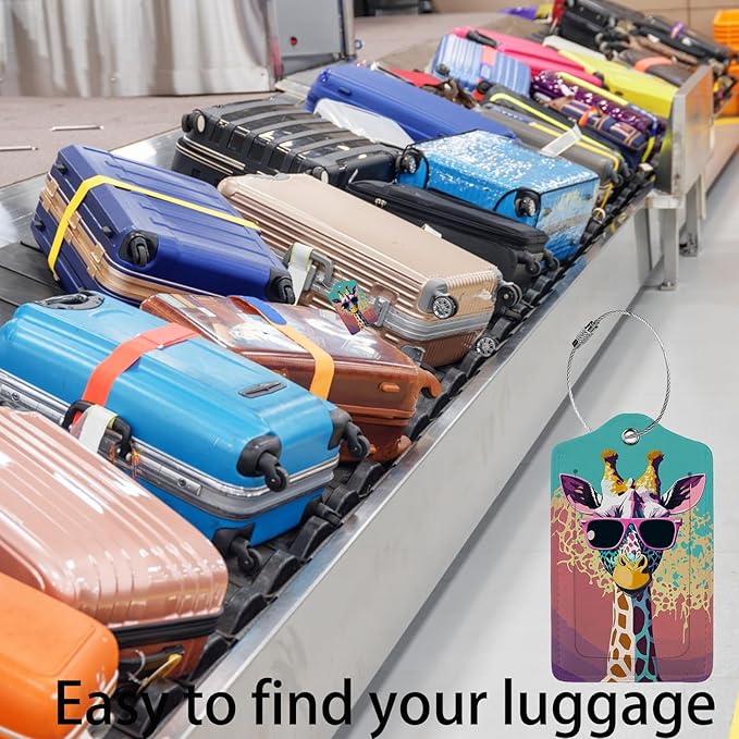 Giraffe in Sunglasses 2 Pack Luggage Tag for Suitcase, Leather Bag Tags Identifiers Privacy Cover ID Label with Steel Loop for Women Men Kids Girls Travel