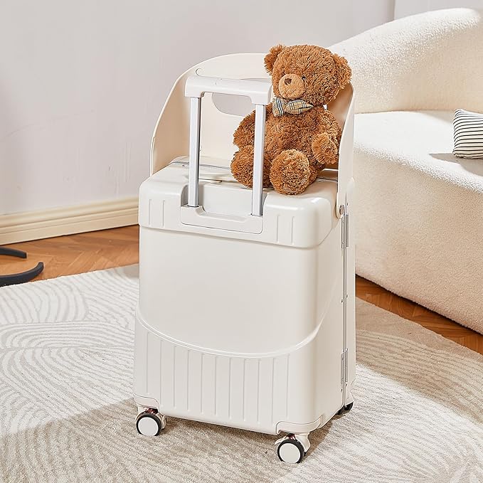 22 Inch TSA Lock Luggage with Seat for Adults and Kids,Check in Lockable Spinner Wheels Suitcase with Belt and Cover (TSA Luggage with Child Seat White)