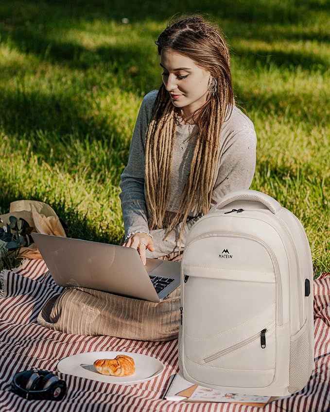 MATEIN 17 Inch Laptop Bookbag for Women, College School Backpack Large Capacity with USB Port & Luggage Strap, Water Resistant Padded Computer Backpack TSA Approved for Nurse Work Travel, Beige