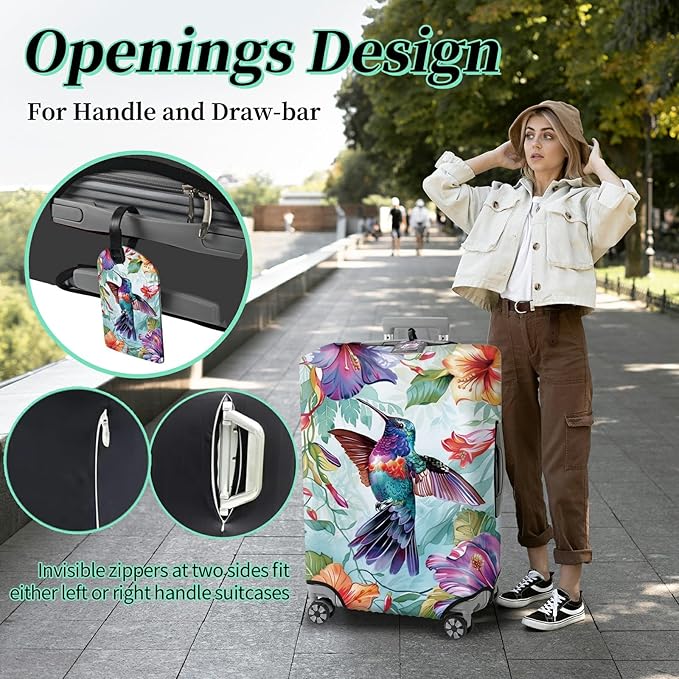 Luggage Cover Suitcase Protector + Tag, Hummingbirds Travel Cover for 22-24 inch Luggage (M), Concealed Zipper, Washable, Elastic, Dustproof, Anti-Scratch
