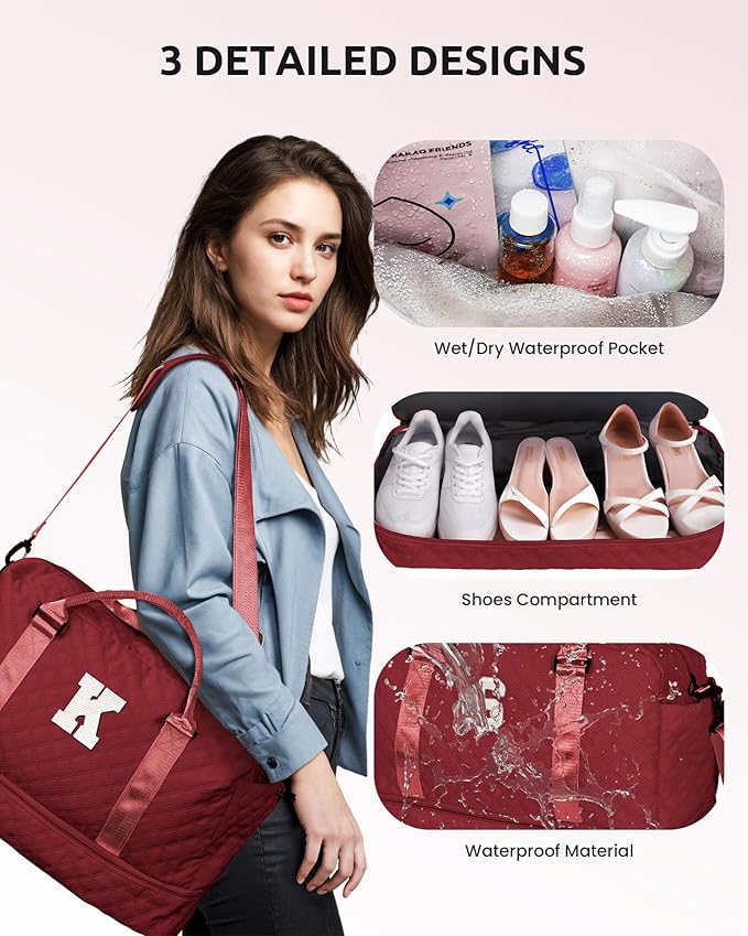 Gifts for Friends - Initial Duffle Bag - Personalized Weekender Bag With Monogram, Shoe Compartment, Travel Bag, Birthday Gift for Daughter or Sister (Letter I)