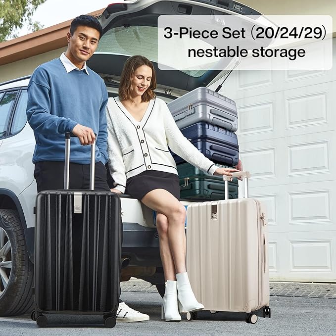 Hanke Luggage Sets 3 piece Carry On Luggage with Wheels PC Hard Shell Suitcases Lightweight Checked Tsa Luggage Extra Large Travel Suitcase Woman Men 20/24/29 Inch(Ivory White)