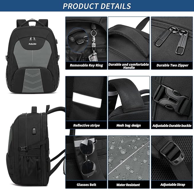 PUSLOM Extra Large Travel Laptop Backpack for Men 55L,Water Resistant 18.4 inch Big Business Laptop bags with USB Charging Port,TSA Friendly Anti Theft Computer Bag for Work College,Grey