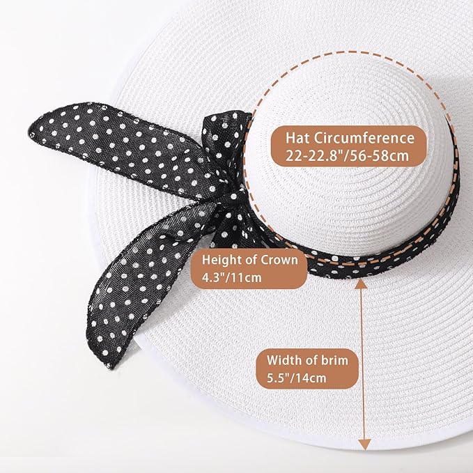 DRESHOW Beach Hats for Women Big Straw Wide Brim Summer Hat Floppy Foldable Roll up Cap Sun Hat UPF 50+