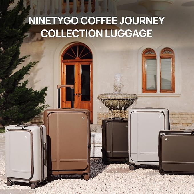 NINETYGO Medium Checked Luggage 25 Inch, Flat Top Opening Checking In Luggage with Cup Holder, Expandable, Coffee-Infused PC Hard Shell, Eco-Friendly, TSA Lock, 360° Spinner Wheels (Latte)