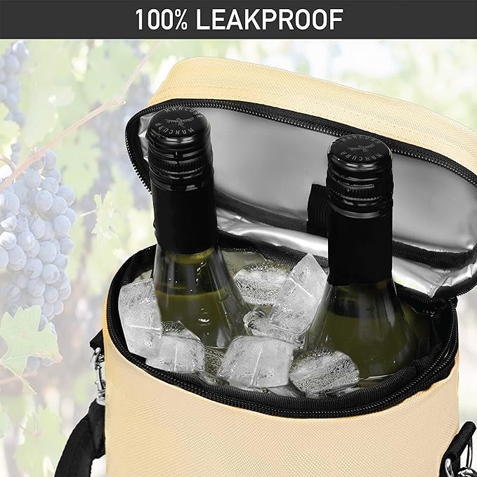 opux Wine Bag 2 Bottle Wine Tote Carrier, Insulated Wine Cooler Bag for Travel Picnic, Leakproof Portable Bottle Padded Case, Wine Gifts For Women Men Wine Lovers Christmas, Cream Beige