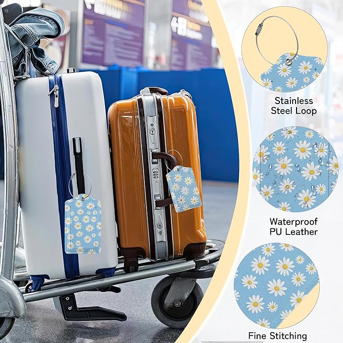 3 PCS Vintage Groovy Flowers Luggage Tags,Suitcase Tags Privacy Cover ID Label with Stainless Steel Loop and Address Card for Travel Bag Suitcase