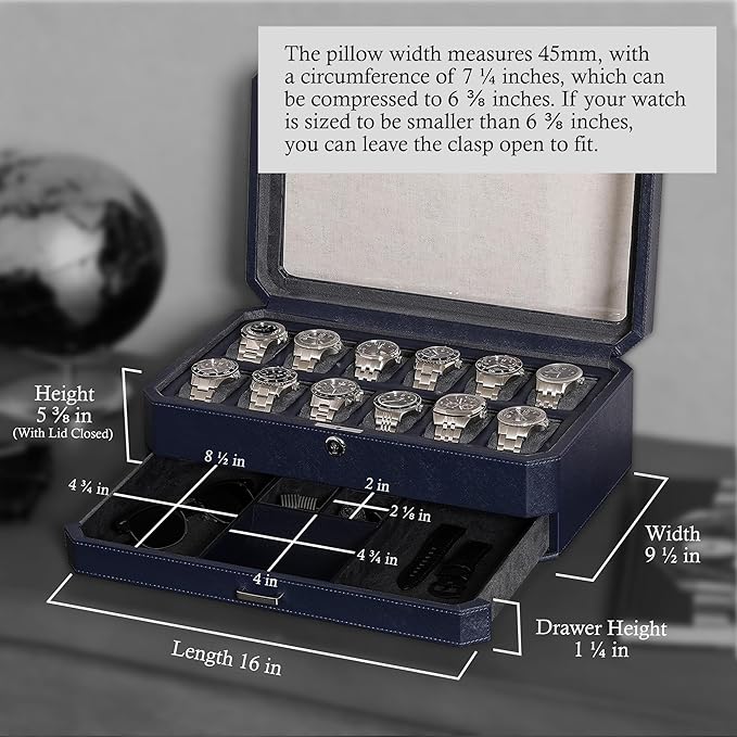 ROTHWELL 12 Slot Leather Watch Box with Valet Drawer - 12 Slot Luxury Watch Case Display Organizer, Microsuede Liner, Mens Accessories Holder, Jewelry Case, Jewelry Display Organizer (Dark Blue/Grey)
