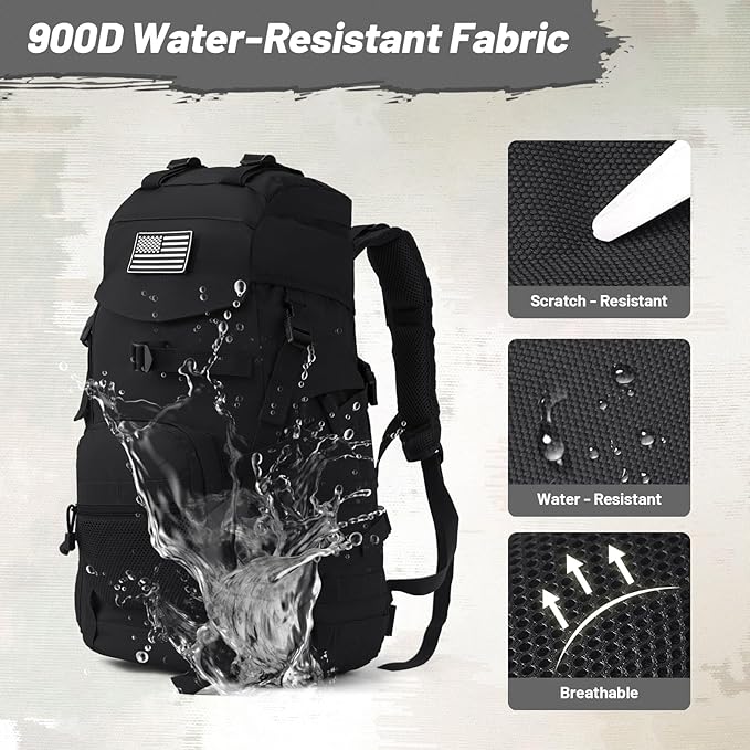 50L Tactical Backpack for Men and Women, Water-Resistant Molle Rucksack, Large Military Assault Pack for Hiking, Hunting, Camping, Gym & Outdoor Survival Black