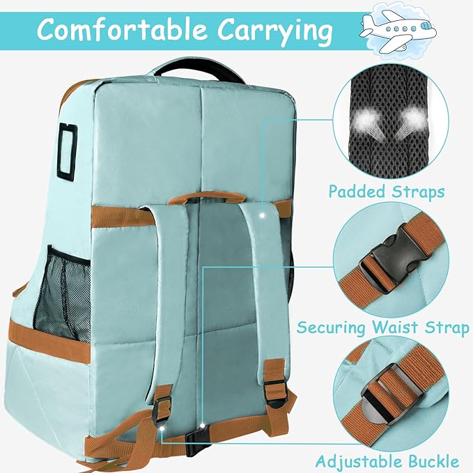 YOREPEK Padded Car Seat Travel Bag for Air Travel, Carseat Cover Backpack with Shoulder Straps, Large Carseat Gate Check Bag, Baby Travel Essential(Light Cyan)