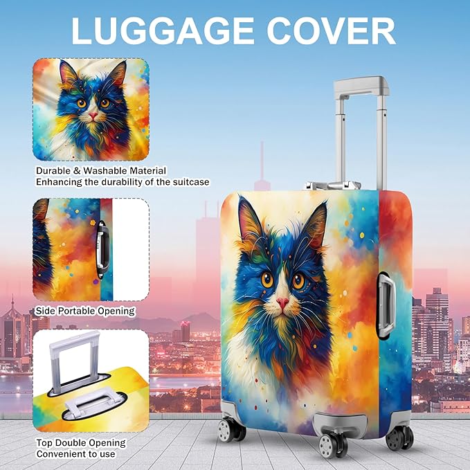 ANNA QUEEN Colorful Cat Luggage Cover, Artistic Blue Cat Design with Rainbow Colors, Stretchable, Washable Travel Sleeve for 32-34 Inch Suitcases