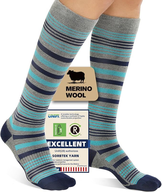 Merino Wool Compression Socks for Women Men, 15-20 mmHg Knee High Socks for Flying, Travel, Running