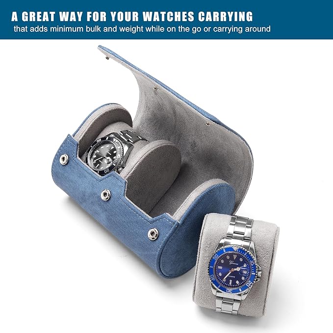 Longjet Watch Roll Travel Case for Men Portable Watches Organizer Box with Removable Velvet Pillow Holder (2 Slot Denim Blue)