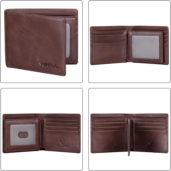 VISOUL Mens Bifold Leather RFID Blocking Wallet with 2 ID Windows, Soft Genuine Leather Card Holder Wallet with 2 Cash Compartments for Men (Coffee)